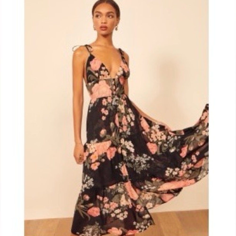 Reformation Pink Coral and Black Maxi Sundress (Vivette)